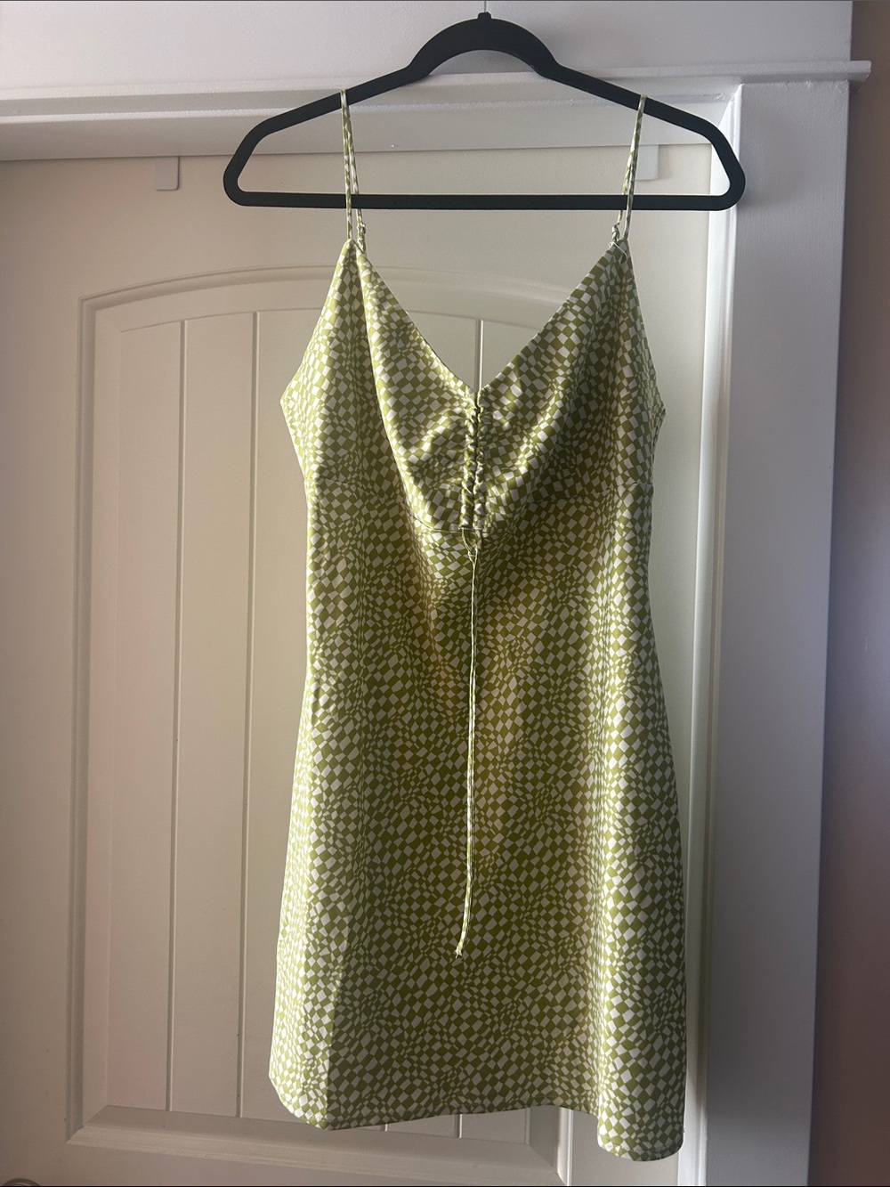 Satin Spaghetti Strap Slip Dynamite Dress - Checkered Green & White